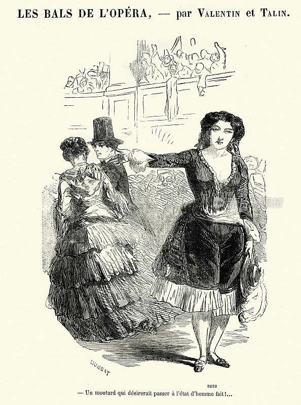 Vintage cartoon by Man and women at the Opera Balls, Les Bals de L'opéra, Victorian 1860s